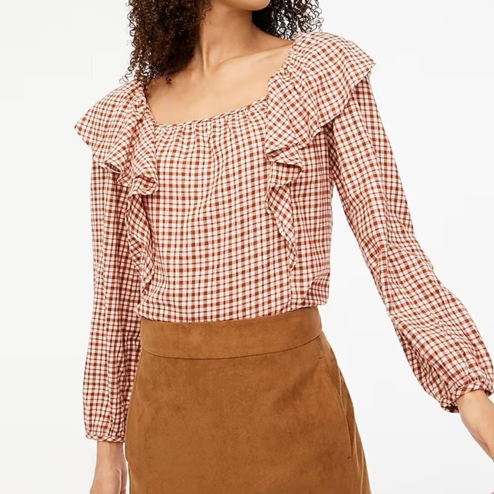 J. Crew Flannel Square Neck Ruffle Top in Dusty Ivory Brick Red M